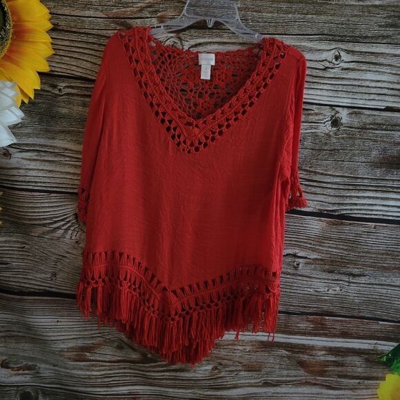 "Chico's " Woman's red top Size: 1 Crochet edges V-neck Pullover Pre-owned - Picture 1 of 5